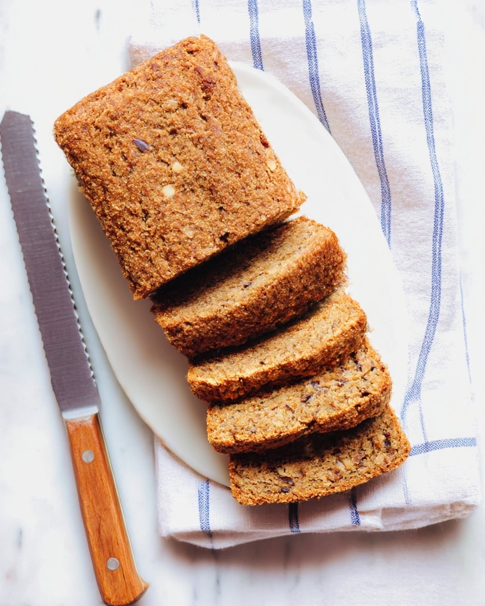 A loaf of brown bread with a rough, crumbly texture is on a white plate, placed on a white marbled surface covered partially with a white cloth that has blue stripes. The bread is sliced into four thick pieces, showing a dense inside with small bits of nuts or seeds visible in the slices. To the left of the plate lies a knife with a wooden handle and a serrated metal blade. The photo taken with an iphone --ar 4:5 --v 7