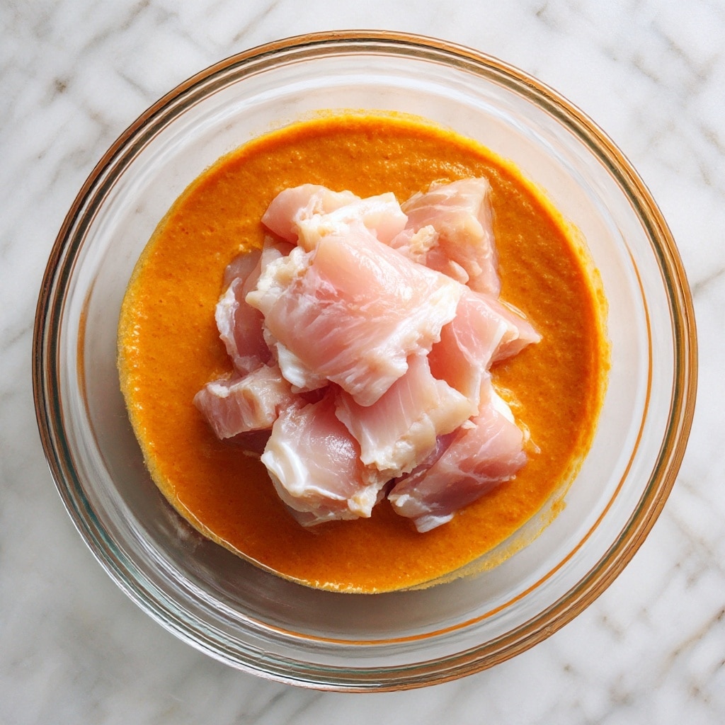 A clear glass bowl sits on a white marbled texture with a thick, smooth orange sauce evenly spread along the bottom layer. On top of the sauce, a woman's hand wearing a transparent glove is holding several light pink raw chicken pieces with visible soft texture, placing them gently in the bowl. The contrast between the bright orange sauce and pale pink chicken pieces is clear and vivid. photo taken with an iphone --ar 4:5 --v 7