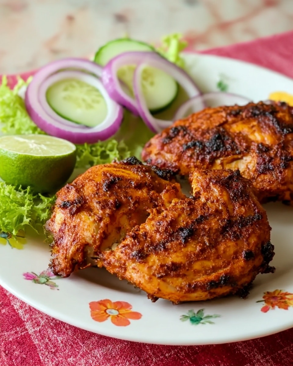A white plate with small colorful flower designs holds two pieces of grilled chicken, each with a rich, reddish-brown crust showing spices and light charring, with visible lines of texture from the grill. On the upper left side of the plate are three thin slices of cucumber, two slices of purple onion with translucent rings, and half a green lime with visible segments. A small sprig of light green curly lettuce is placed nearby. The plate is set on a red and white checkered cloth over a table with a white marbled texture. Photo taken with an iphone --ar 4:5 --v 7