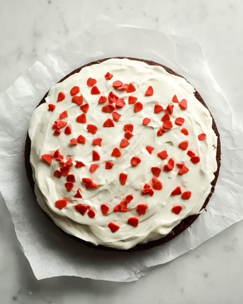 A round cake with three visible layers covered in white cream frosting, decorated on the sides with small pieces of dark chocolate. The top layer is decorated with swirls of white cream evenly spaced around the edge, each topped with a bright red cherry with a stem. In the center of the top, there are more dark chocolate shavings scattered around the cherries. The cake sits on a white plate on a white marbled surface. Photo taken with an iphone --ar 4:5 --v 7