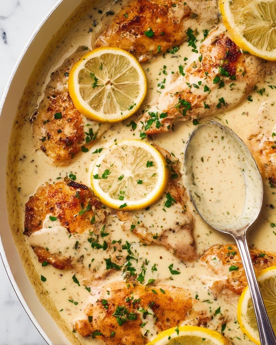 The image shows a pan filled with seven golden brown cooked chicken pieces soaked in a creamy light beige sauce. The chicken pieces have a slightly crispy texture and vary in size, with some larger and some smaller, all placed close together, partially covered by the sauce. There are thin bright yellow lemon slices placed on and between the chicken pieces, adding a fresh color contrast. The sauce has a smooth, rich texture with small green herb bits sprinkled evenly on top, brightening the overall dish. The pan is shiny silver, and the background surface is a white marbled texture. photo taken with an iphone --ar 4:5 --v 7