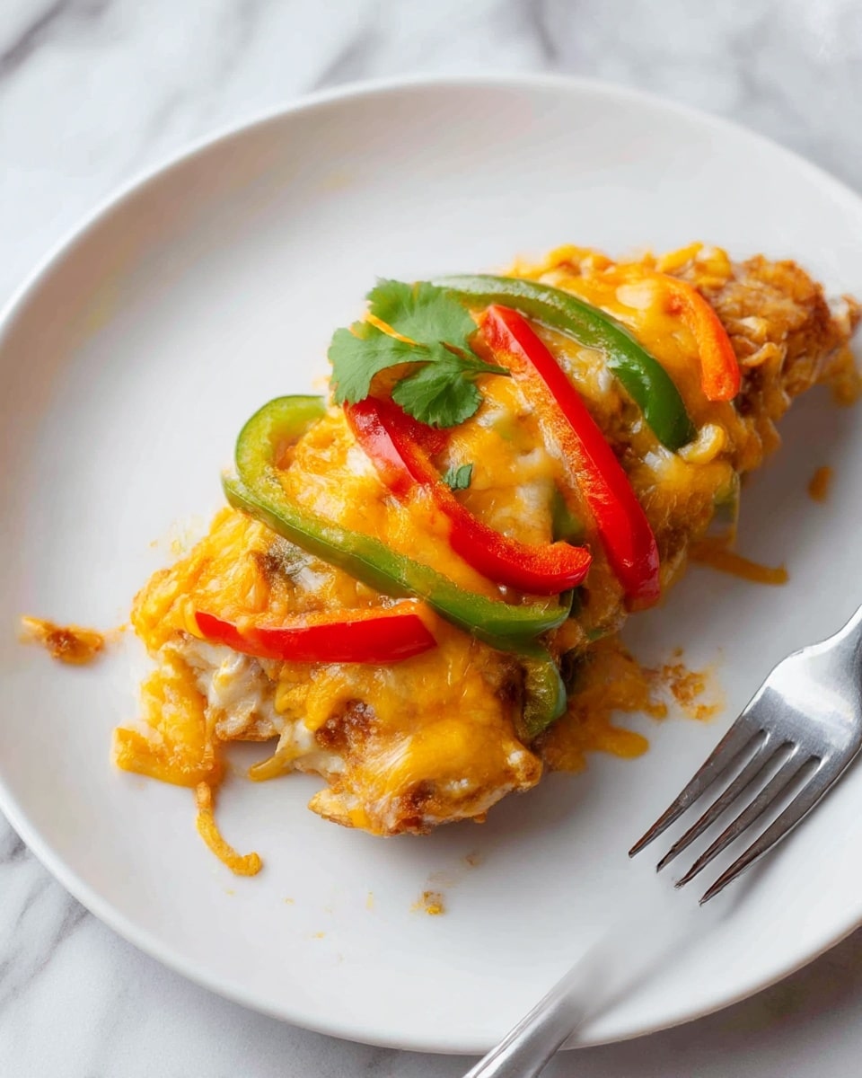 A white plate on a white marbled surface holds a single piece of lightly browned fried chicken covered with melted yellow-orange cheddar cheese. On top of the cheese, there are thin strips of cooked red and green bell peppers spread diagonally. A small fresh green cilantro leaf sits near the center of the dish. Some melted cheese and small pepper pieces are visible on the plate's edges. There is a silver fork placed near the bottom right corner of the plate. photo taken with an iphone --ar 4:5 --v 7