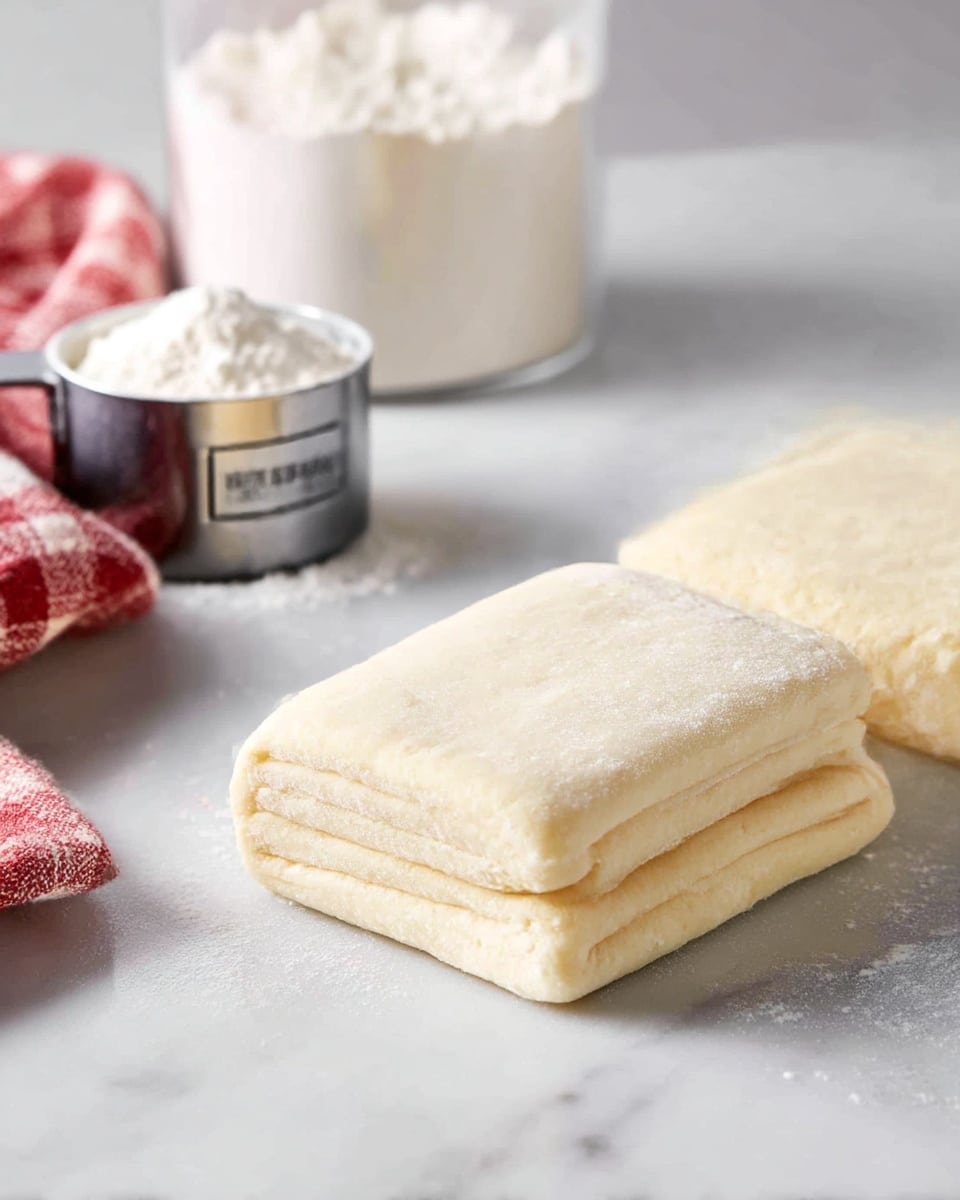 The image shows several pieces of golden brown puff pastry on a white marbled background. The pastry is cut to show many thin, flaky layers stacked closely together, giving a light and airy texture. The top layers are crisp and slightly curved, with a warm yellow color, while the bottom layers are more compact and slightly darker brown. Small crumbs are scattered around the pastries, adding a sense of crispiness. photo taken with an iphone --ar 4:5 --v 7