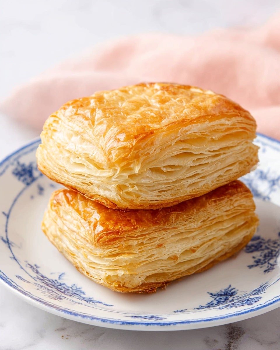 The image shows two golden-brown puff pastries stacked on top of each other on a white plate with blue floral patterns. Each pastry has multiple thin, flaky layers visible from the side, showing a light and airy texture. The top of the pastries is slightly shiny and crisp, with a mix of light and darker golden hues. The plate sits on a white marbled surface with a soft light pink cloth in the background. Photo taken with an iphone --ar 4:5 --v 7