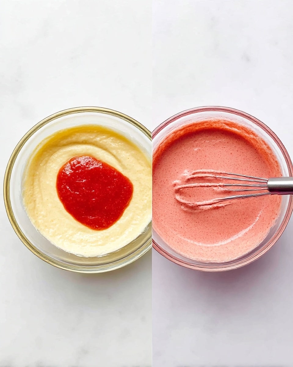 The image shows two side-by-side clear glass bowls on a white marbled surface. The left bowl contains a creamy thick light yellow mixture with a dollop of bright red sauce on top, sitting slightly off center. The right bowl holds a smooth, well-mixed light reddish-pink batter with a metal whisk partially placed inside it, coated with the same mixture. Both bowls have visible glass rims and reflections. photo taken with an iphone --ar 4:5 --v 7