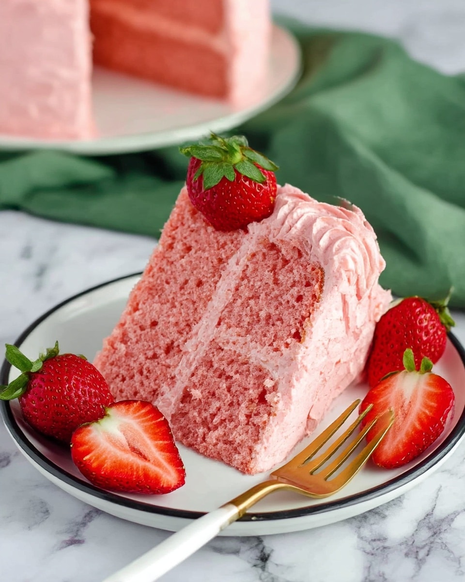 A slice of two-layer pink strawberry cake is placed on a white plate with a thin black rim. Each layer of the cake has a soft, moist texture in a medium pink shade, separated by a thick layer of light pink frosting. The top is covered with the same light pink frosting, decorated with a swirl of frosting and a half strawberry with its green leaves on top. Around the plate are two halves of fresh strawberries showing their red inside and green leaves. A gold fork with a white handle lies beside the cake on the plate. The background is a white marbled surface with a green cloth and another part of the cake slightly blurred in the back. Photo taken with an iphone --ar 4:5 --v 7