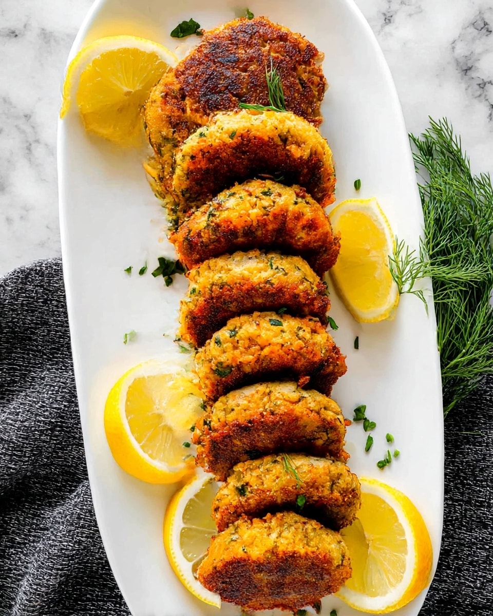 A white oval plate holds eight golden brown patties with visible green herbs and small orange bits, arranged in a vertical line. The patties have a crispy, slightly darkened surface with a textured, crumbly look. Between the patties and the edge of the plate, bright yellow lemon wedges are placed in a neat row on both sides. On the right side of the plate, a few sprigs of fresh green dill add a touch of color. Small bits of chopped green herbs are sprinkled over the patties and plate. The plate is on a white marbled surface with a dark gray textured cloth partially visible around it. Photo taken with an iphone --ar 4:5 --v 7