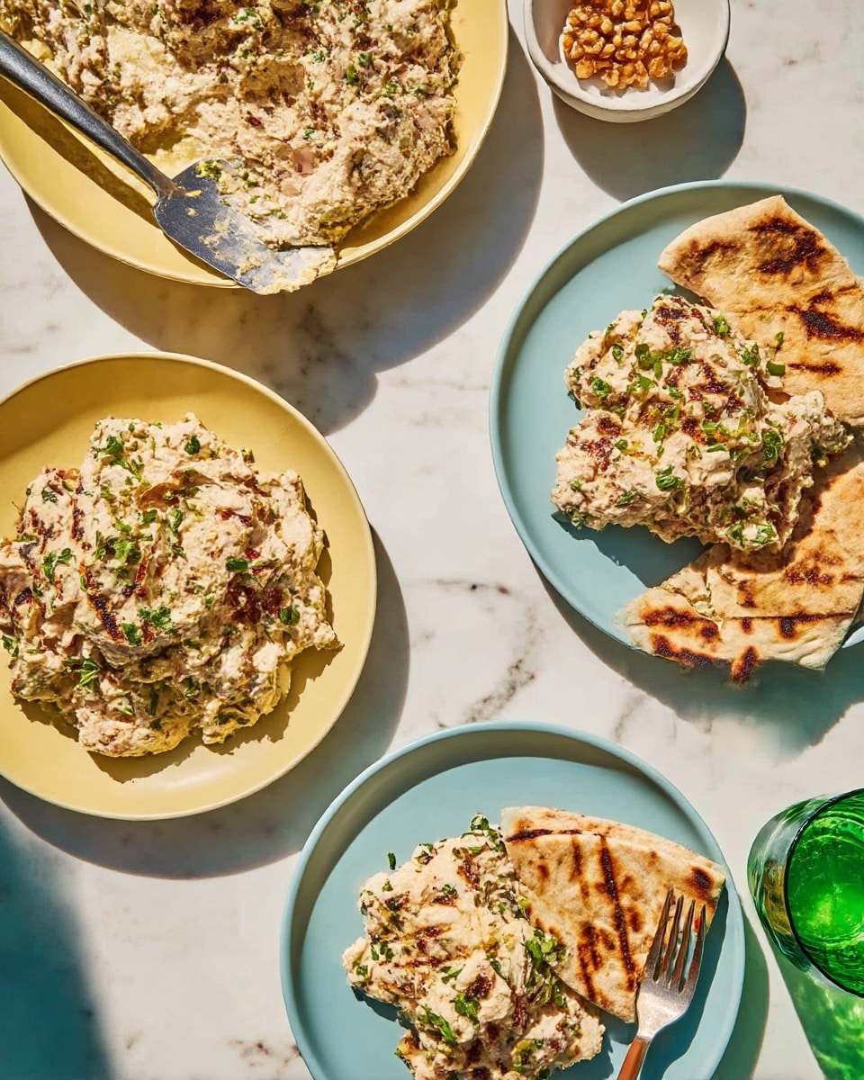 The image shows three plates with a creamy beige dish that has browned grill marks and is sprinkled with green herbs, looking soft and chunky. The top left plate is pale yellow and holds a large amount of the dish, partially scooped with a metal spatula. Above it is a small white bowl filled with light brown walnuts. To the right are two light blue plates; the top right plate has a serving of the dish with some flatbread pieces peeking from under, while the bottom blue plate displays the dish next to three toasted flatbread pieces with golden brown spots, alongside a fork with a light brown handle. The whole scene is set on a white marbled surface with bright, natural light, and there is a green glass cup at the bottom right. Photo taken with an iphone --ar 4:5 --v 7