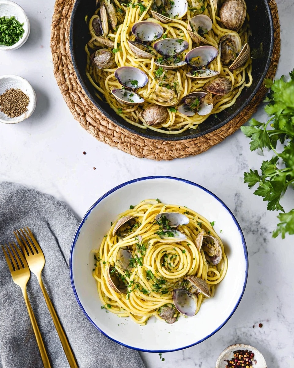 A white bowl with a blue rim holds a serving of spaghetti layered with small clams in open shells scattered on and around the pasta. The light yellow pasta strands are twisted into a loose coil in the center, sprinkled with chopped green herbs and black pepper. The bowl sits on a light blue cloth next to two golden forks. Behind it, there is a black pan placed on a woven mat filled with more spaghetti and clams. The whole scene is set on a white marbled surface. photo taken with an iphone --ar 4:5 --v 7