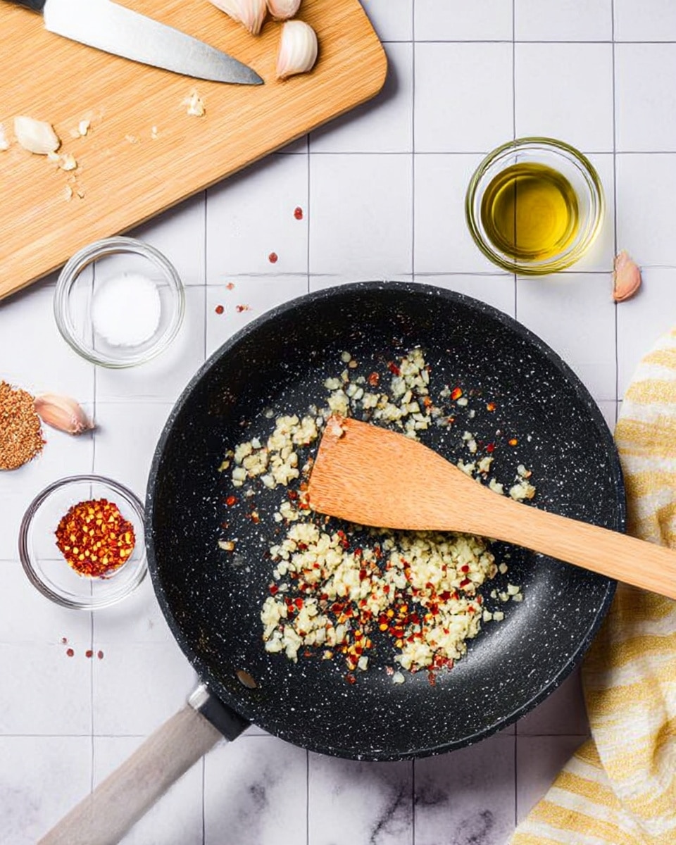 A black frying pan with speckled white dots contains a mixture of finely chopped white garlic and red chili flakes being stirred with a wooden spatula resting inside the pan. The background surface is a white marbled texture with square tile patterns, and to the left is a light wood cutting board with some garlic pieces and a knife on it. Nearby are three small clear glass bowls, one with salt, one with oil, and one with red chili flakes, along with some whole garlic cloves. A cloth with yellow stripes is partly visible on the right side. Photo taken with an iphone --ar 4:5 --v 7