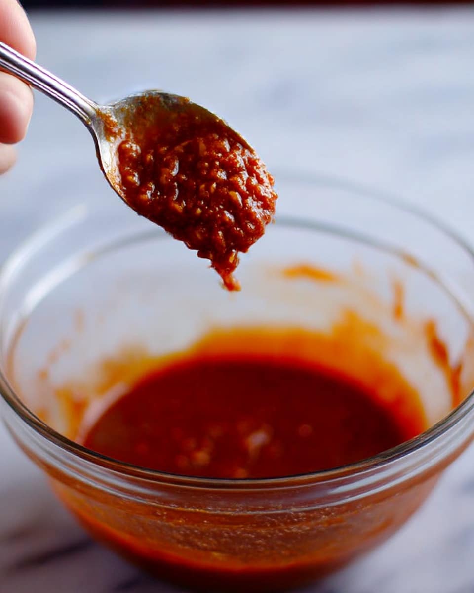 The image shows a close-up of a small white bowl filled with thick, bright red chili paste with a slightly chunky texture. Next to the bowl, there is a spoon scooping some of the paste, showing its dense and rich consistency. Around the bowl, there are dried red chili peppers with wrinkled skins and a few light-colored seeds scattered on the white marbled surface. The colors contrast between the deep red paste, dark chili peppers, and pale seeds. photo taken with an iphone --ar 4:5 --v 7