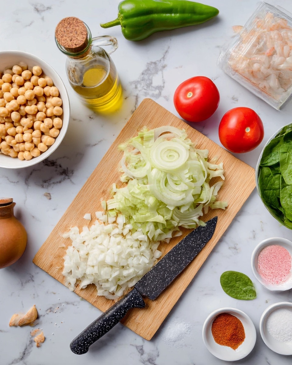 On a white marbled surface, there is a light brown wooden cutting board in the center with three piles of chopped vegetables: one with white and pale green thinly sliced rings of leek at the top, one with finely chopped white onions at the bottom, and a little to the side, a black knife with a speckled pattern rests on the board. Around the cutting board, ingredients are placed: to the left, a white bowl filled with beige chickpeas, a glass bottle of olive oil with a wooden cork, two whole red tomatoes, and a light brown bottle with a narrow top; above the board, a long green pepper and a transparent container with white shrimp or seafood pieces; to the right and top right, scattered garlic cloves, two small white bowls with pink salt and red spice, and a white bowl filled with fresh green spinach leaves. Photo taken with an iphone --ar 4:5 --v 7