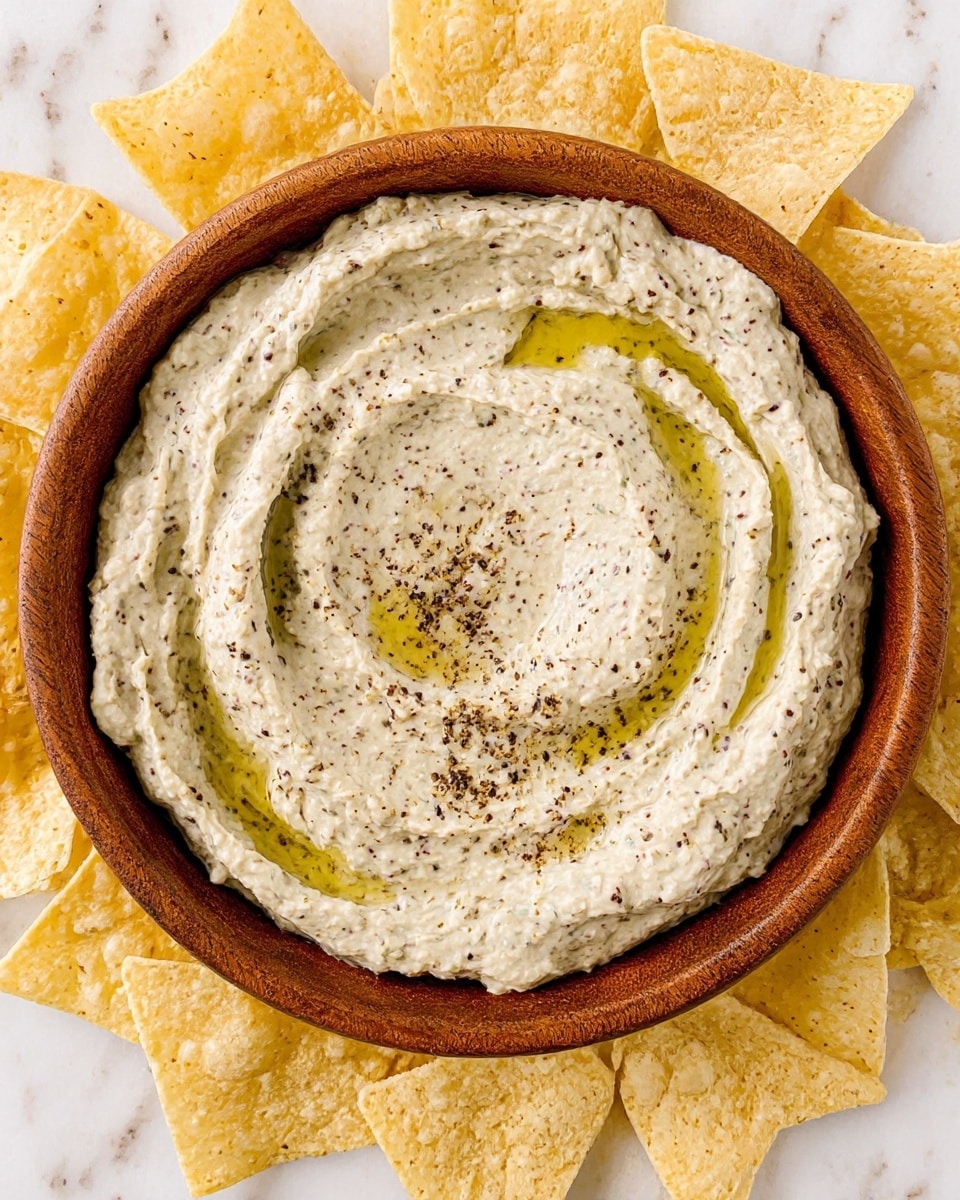 A round wooden bowl filled with a thick, creamy dip that has a light beige color with small darker specks throughout. The dip has a textured surface with some swirls and a drizzle of golden olive oil on top, along with a sprinkling of dark spices. Surrounding the bowl is a ring of pale yellow tortilla chips, all resting on a white marbled surface. The chips are triangular and slightly rough in texture. photo taken with an iphone --ar 4:5 --v 7