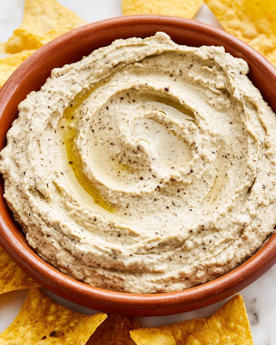 The image shows a shallow terracotta bowl filled with thick, creamy hummus. The hummus is light beige with small dark specks scattered throughout, giving it a textured look. It is smoothed out with gentle swirls and a slight mound at the center, where a shiny layer of olive oil pools. Around the bowl, there are triangular tortilla chips in soft yellow shades, resting on a white marbled surface. Photo taken with an iphone --ar 4:5 --v 7