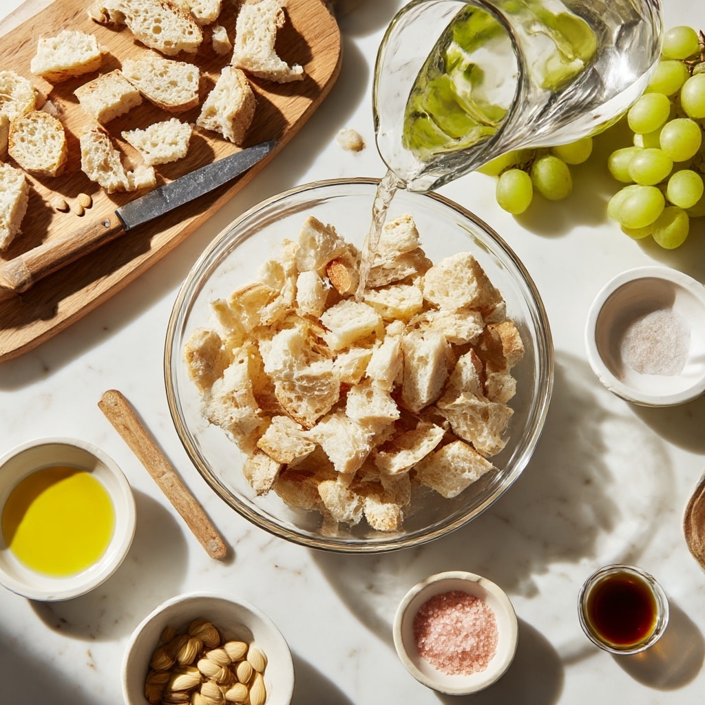 The image shows a clear glass bowl in the center filled with pieces of torn bread in light beige colors with a soft texture, placed on a white marbled surface. To the left, there is a wooden cutting board with more torn bread pieces scattered on it, along with a small knife featuring a wooden handle resting on the board. Around the bowl, there are small white bowls with ingredients: one filled with light beige blanched almonds, another with yellow olive oil, a smaller dish with pink salt, and a tiny bowl containing a dark brown liquid, possibly vinegar. Near the top right corner, a bunch of green grapes adds a pop of color. A woman's hand is seen holding a clear glass pitcher, pouring water into the bread-filled bowl. The whole setting is captured in natural light with clear details and soft shadows. photo taken with an iphone --ar 4:5 --v 7