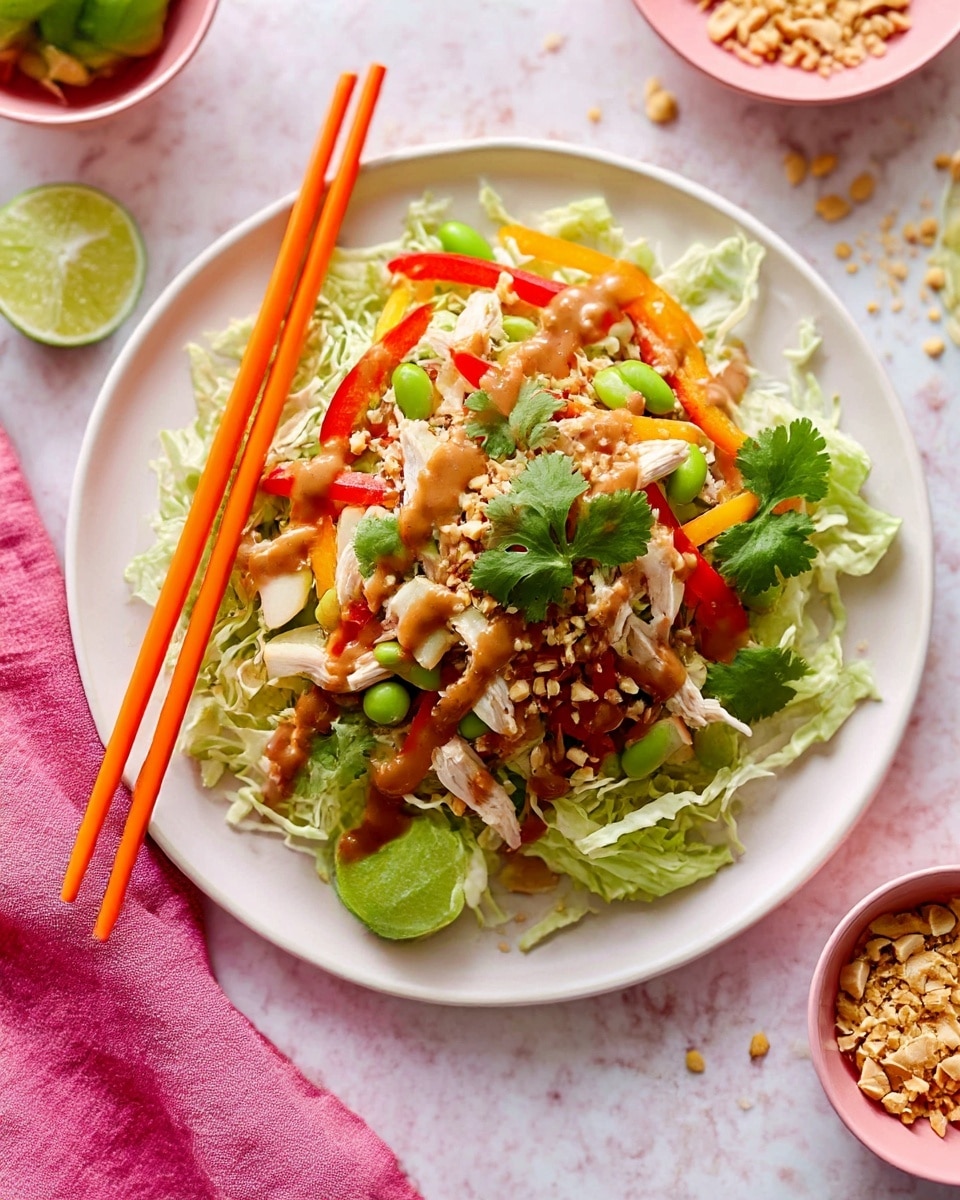 A white plate holds a colorful layered salad. The bottom layer is shredded pale green cabbage. On top, there are thin red and yellow bell pepper slices mixed with small green edamame beans, chunks of light-colored apple, and shredded white chicken. Fresh dark green cilantro leaves are scattered over the salad. A thick brown sauce is drizzled across the top. Two long, bright orange chopsticks are placed on the left edge of the plate next to a green lime wedge. The plate is on a white marbled surface with a pink napkin nearby and pink bowls around, one holding crushed peanuts and another with a lime wedge. Photo taken with an iphone --ar 4:5 --v 7