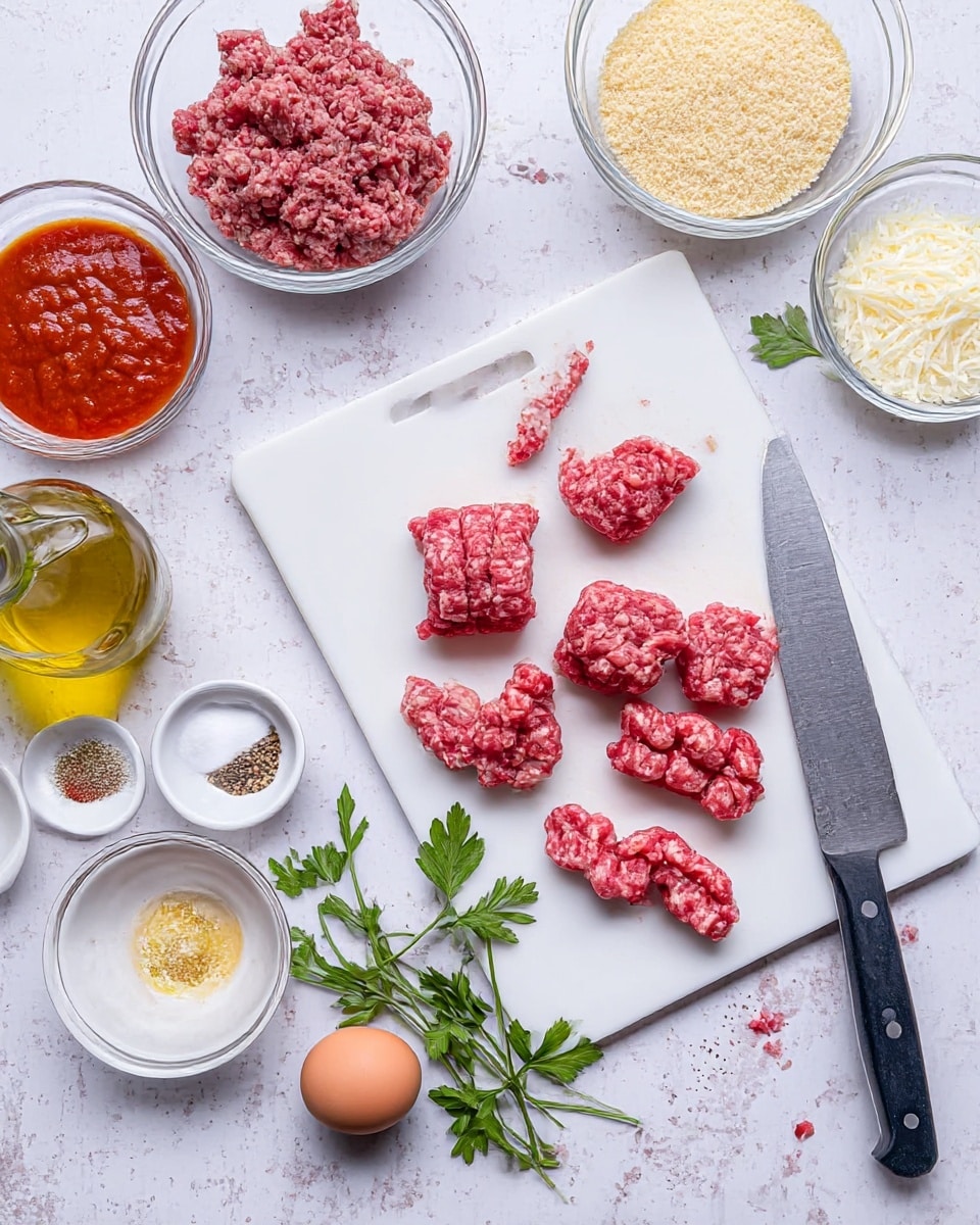 The image shows a white cutting board on a white marbled surface with five pieces of fresh raw sausage in the center, four shaped like small links and one crumbled next to a large knife with a black handle on the right side. Around the cutting board are several glass bowls filled with ingredients, including a bowl of ground meat on the top left, a bowl of breadcrumbs near the top center, a small bowl of red sauce on the left, and smaller bowls holding grated cheese, spices, and an egg scattered near the top right and bottom left. A clear glass bottle with olive oil is in the bottom left corner and fresh green parsley sprigs sit near the top center. The colors are natural and bright, and the setup looks organized and clean. photo taken with an iphone --ar 4:5 --v 7