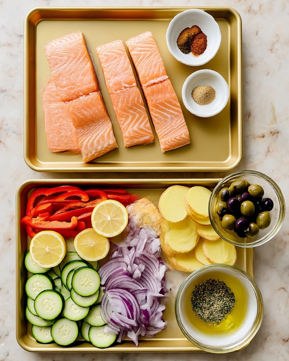 The image shows two golden trays on a white marbled surface. The top tray has four raw salmon fillets with a pinkish-orange color and white lines running through them, lined up next to a small white bowl holding four different spices with colors including light brown, red, black, and white. The bottom tray is arranged with several layers of fresh ingredients: thinly sliced round light green zucchini pieces in the bottom left corner, red bell pepper strips above them, several lemon wedges placed near the center, chopped purple onion chunks beside the lemon, thin slices of round yellow potatoes stacked on the right side, and a clear glass bowl filled with green and black olives on the top right. There is also a small white bowl with mixed spices, including green herbs and beige powder, and a small glass bottle filled with yellow oil near the center. Photo taken with an iphone --ar 4:5 --v 7