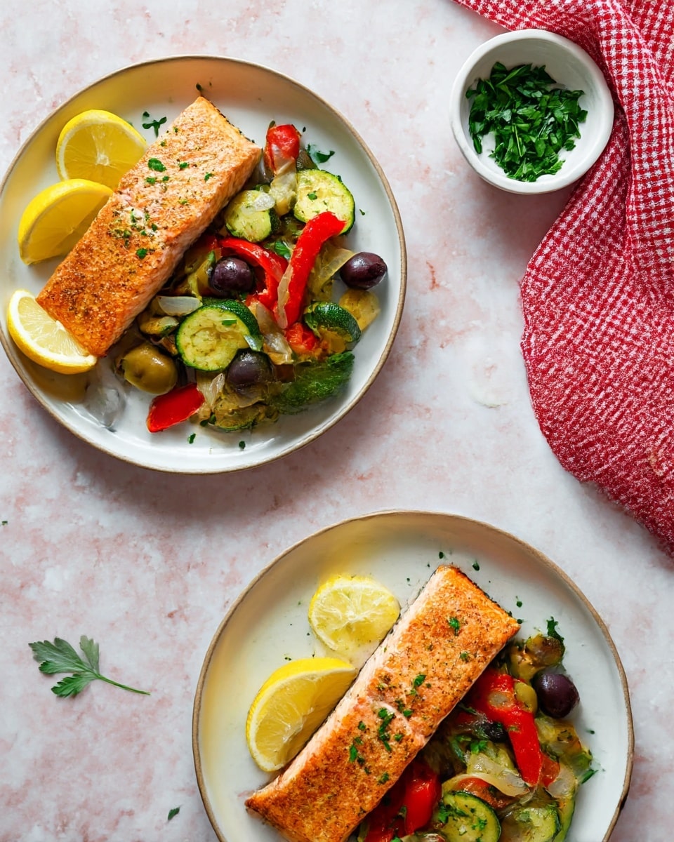 Four pieces of cooked salmon with a light brown crispy surface lie on a baking tray lined with brown parchment paper. Underneath and around the salmon are layers of mixed vegetables including light green zucchini slices with green edges, pale yellow potato slices, red bell pepper strips, purple onion chunks, and scattered black and green olives. The salmon and vegetables are garnished with bright green parsley leaves. In the top left corner, a pair of red tongs rest on the tray. Lemon wedges with bright yellow skin and light yellow flesh are placed near the salmon on the right side. The tray is set on a white marbled surface with a red and white checkered cloth partially visible in the bottom right corner. Photo taken with an iphone --ar 4:5 --v 7
