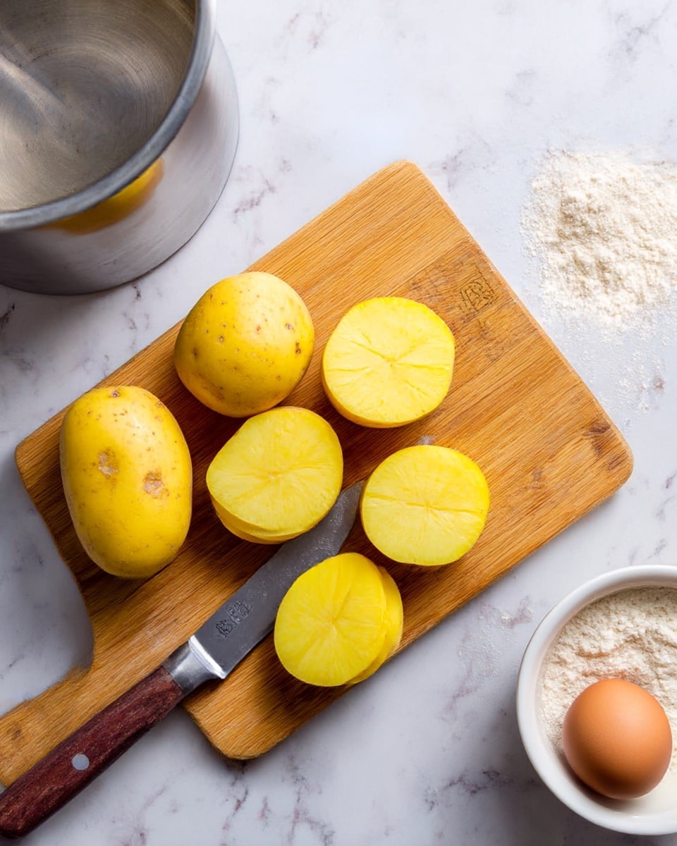 The image shows a wooden cutting board with six pieces of yellow potatoes, some whole and some sliced in thick rounds, placed on a white marbled surface. A knife with a silver blade and brown handle lies beside the potatoes on the board. Around the cutting board, there is a large silver pot on the left, a white bowl filled with flour on the right, and a single brown egg near the top. The colors are bright, and the textures of the potatoes' smooth yellow inside and rough skin are clear. Photo taken with an iphone --ar 4:5 --v 7