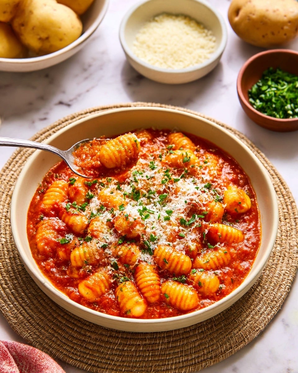 A bowl filled with orange gnocchi in thick red tomato sauce, topped with a layer of white grated cheese and small bright green chopped herbs scattered on top, the gnocchi pieces have ridged textures and are spread throughout the bowl evenly. The bowl is beige and placed on a round woven mat, with a silver spoon holding some gnocchi lifted slightly inside the bowl. The background is a white marbled surface with a potato and a white bowl containing uncooked gnocchi, along with a small brown bowl holding more chopped herbs. Photo taken with an iphone --ar 4:5 --v 7
