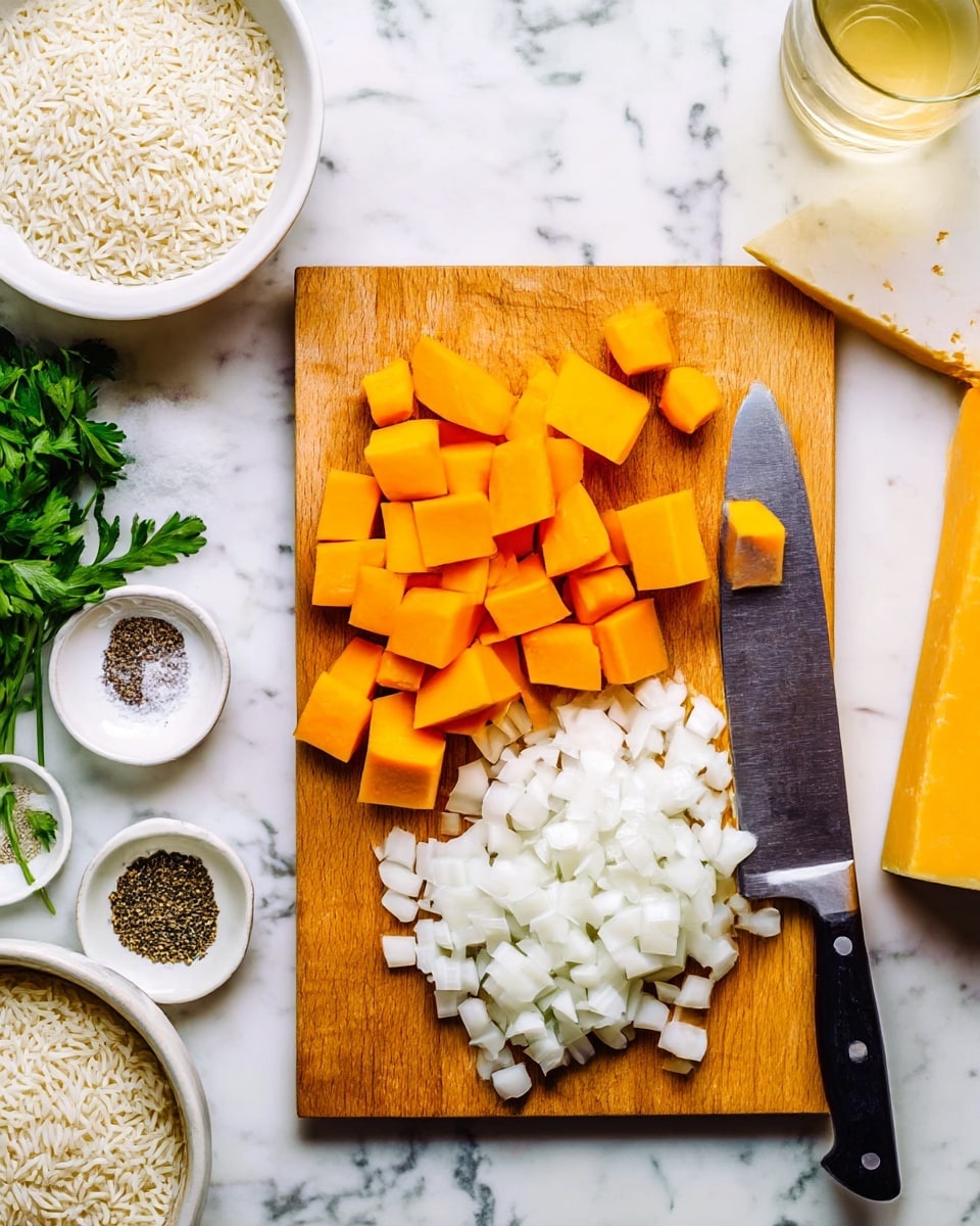 A wooden cutting board sits on a white marbled surface, holding two piles of chopped vegetables: bright orange pumpkin pieces on the left and white onion pieces on the right. A large kitchen knife with a black handle rests on the right side of the board, partially over the onions. Around the cutting board are various cooking items including a white bowl filled with uncooked rice on the lower left, a bunch of fresh parsley, a small white bowl with salt, another small white bowl with black pepper, a large wedge of yellow cheese, and a glass of light-colored liquid on the upper right side. Photo taken with an iphone --ar 4:5 --v 7