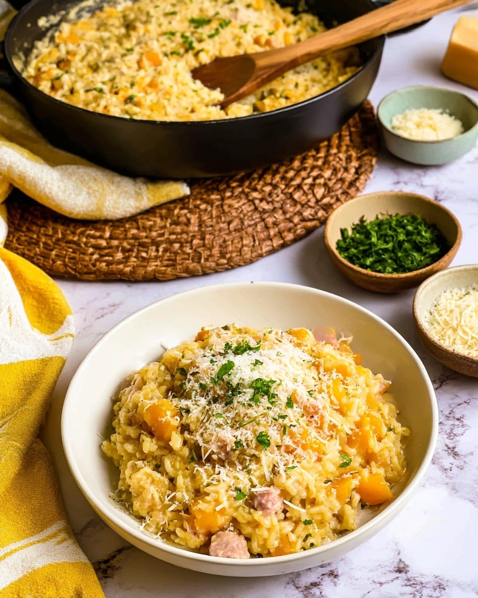 A beige bowl filled with risotto showing a mix of creamy yellow rice, small orange pumpkin pieces, and bits of pink ham. The risotto is topped with shredded white cheese and small green parsley leaves scattered on top. The bowl sits on a white and yellow checkered cloth, with a shiny gold fork placed in front on a white marbled surface. In the background, a black pot with more risotto is partly visible, and a whole orange pumpkin rests to the right. Photo taken with an iphone --ar 4:5 --v 7