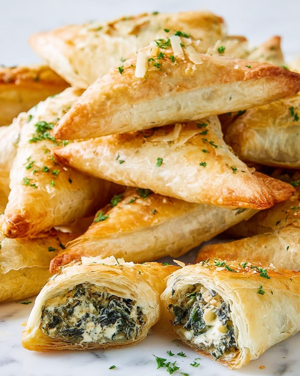 The image shows a pile of golden-brown triangle-shaped pastries on a white marbled surface. The pastries have crispy, flaky layers with a light toasted look, topped with small pieces of grated cheese and green parsley. Two pastries are cut open, showing inside layers filled with a creamy white and dark green spinach mixture with a soft texture. The pastries are stacked with some overlapping each other, creating a cozy and fresh look. photo taken with an iphone --ar 4:5 --v 7