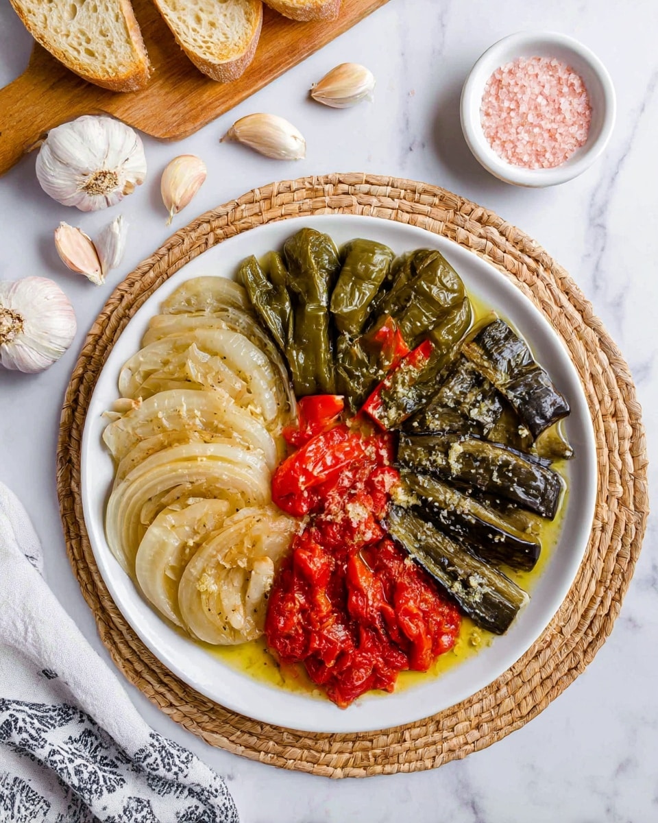 A white round plate sits on a round woven placemat on a white marbled surface. The plate holds five different roasted vegetable sections arranged in a circle: light yellowish translucent layers of onion on the left, dark green roasted peppers on the top left, bright red roasted red peppers on the top right, dark brownish roasted eggplants on the right, and chunky red roasted tomatoes in the center. Each vegetable section is sprinkled with grated garlic and a yellowish oil sauce. Around the plate, there is a small white bowl with pink salt at the top, some unpeeled garlic cloves to the left, a wooden board with a piece of bread at the top left, and a white cloth with a black pattern at the bottom left. Photo taken with an iphone --ar 4:5 --v 7