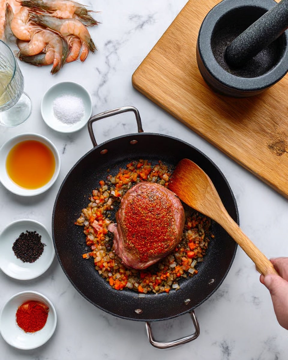 A black pan with two handles holds a cooked round meat piece in the center, topped with a red seasoning, surrounded by a ring of finely chopped orange and white vegetables. A wooden spatula is resting inside the pan on the right side, touching the meat. Around the pan on a white marbled surface are small white bowls containing whole cooked shrimp, orange liquid, black peppercorns, a red powder spice, and white salt. There is a black stone mortar and pestle on the upper right, a wooden board below it, and an empty clear glass on the left side. photo taken with an iphone --ar 4:5 --v 7
