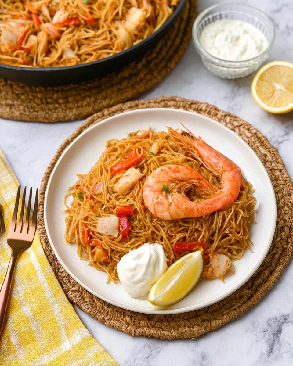 A black pan filled with three large pink prawns placed on top of a bed of orange-brown noodles mixed with small pieces of white squid rings and red bell peppers, with a yellow lemon wedge near the center. Next to the pan on a white marbled surface, there is a white plate with a serving of the noodle dish, including one large prawn and a lemon wedge on the side, with a small dollop of white sauce. There is a folded white and yellow checked cloth to the left side of the plate with two forks on it. A small glass bowl of white sauce with a spoon, half a lemon, and part of a dark gray mortar are seen near the upper right. Photo taken with an iphone --ar 4:5 --v 7