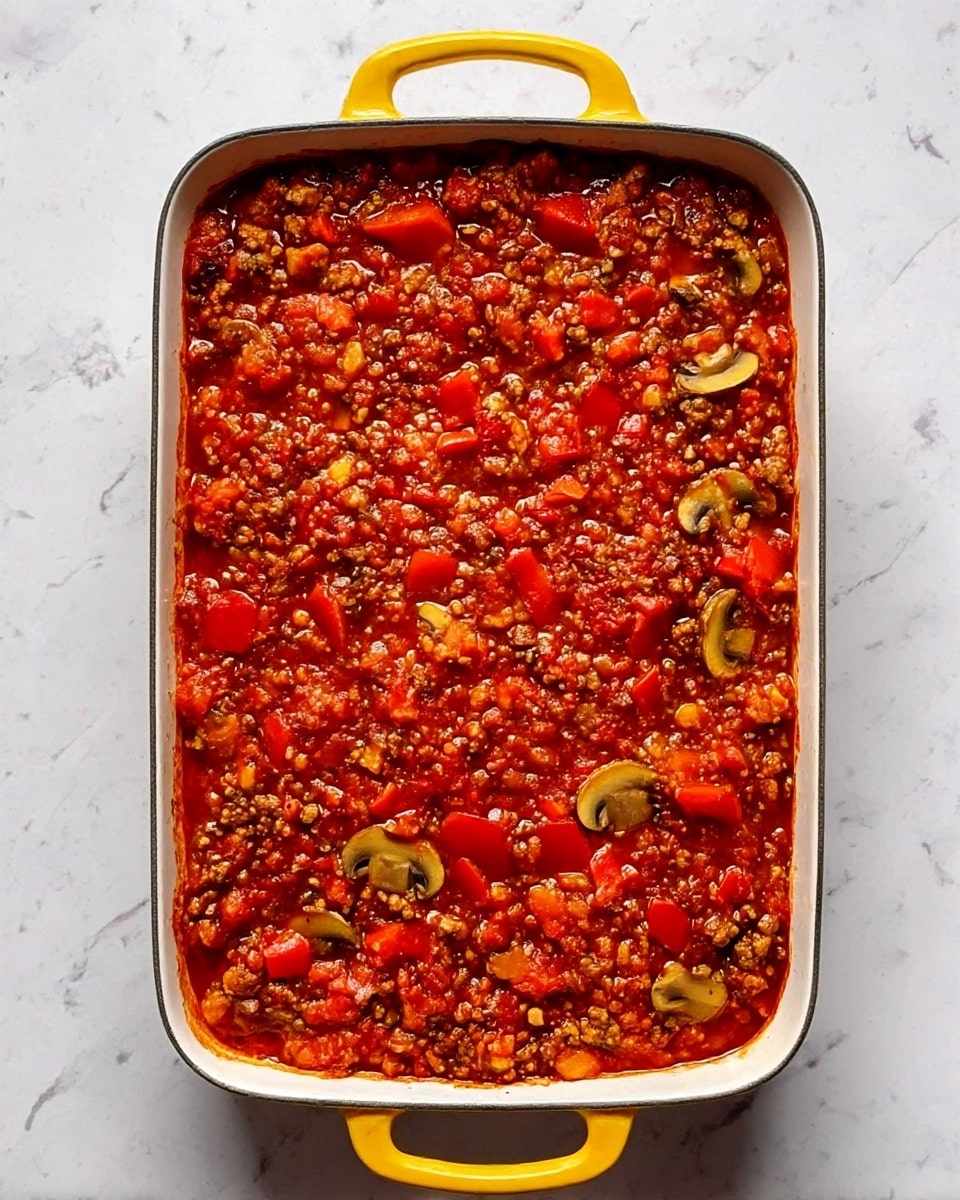 A square white dish with yellow handles holds a baked pasta casserole with three visible layers: a bottom layer of red tomato sauce mixed with small chunks of vegetables and pasta, a middle layer of cooked pasta, and a top layer covered with melted light yellow cheese dotted with bits of browned meat and tomato. The center of the dish shows a portion taken out, revealing the different textures inside. To the right, a light blue plate with a yellow-handled fork has a serving of the casserole topped with fresh green parsley and some grated white cheese scattered on top. Nearby, a small white dish on a light blue tray contains extra grated cheese with green parsley beside it. The setup rests on a white marbled surface with a yellow and white checkered cloth holding a fork. Photo taken with an iphone --ar 4:5 --v 7