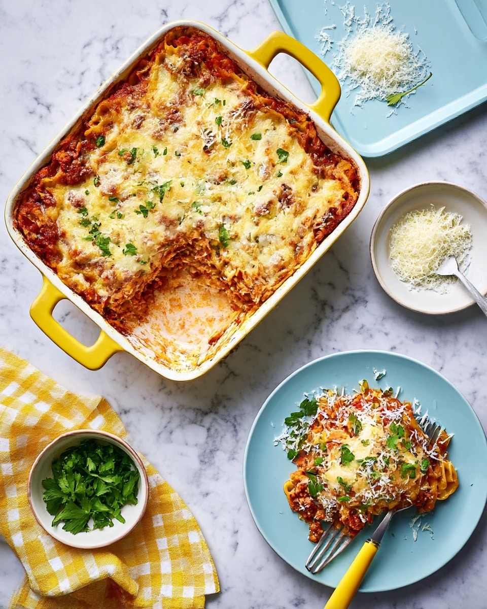 A white square baking dish shows a layered pasta casserole with a thick top layer of melted light golden cheese sprinkled with chopped green parsley. Below the cheese, the layers include a mix of twisted pasta shapes, chunky tomato sauce with visible diced red peppers and carrots, and browned ground meat, all forming a rich reddish and orange base. A large section has been scooped out in the bottom right corner, revealing the inside layers and a bit of sauce and pasta on the white marbled surface beneath. The dish rests on a yellow and white checkered cloth, enhancing the warm and hearty look. Photo taken with an iphone --ar 4:5 --v 7