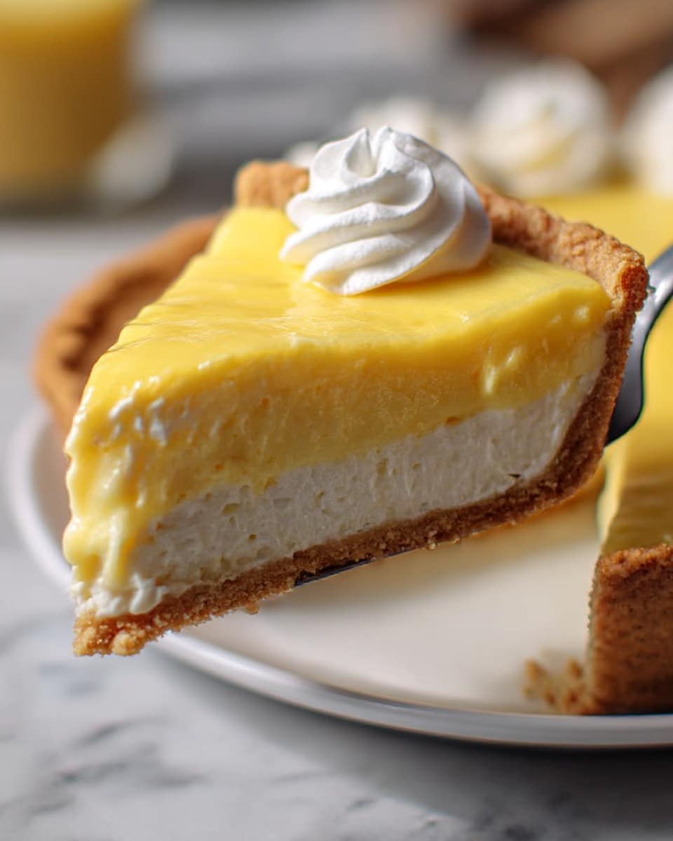 The image shows a cheesecake with three clear layers on a white marbled surface. The bottom layer is a thick crust that looks crunchy and brown, wrapping up the edges of the cake. The middle layer is creamy and pale yellow, smooth and firm, making up most of the cake's height. The top layer is a glossy yellow topping with swirled patterns, looking shiny and fresh. Three dollops of white whipped cream are placed neatly around the edge of the cheesecake. A woman's hand is holding one slice that is slightly pulled out, showing the texture of all the layers. photo taken with an iphone --ar 4:5 --v 7