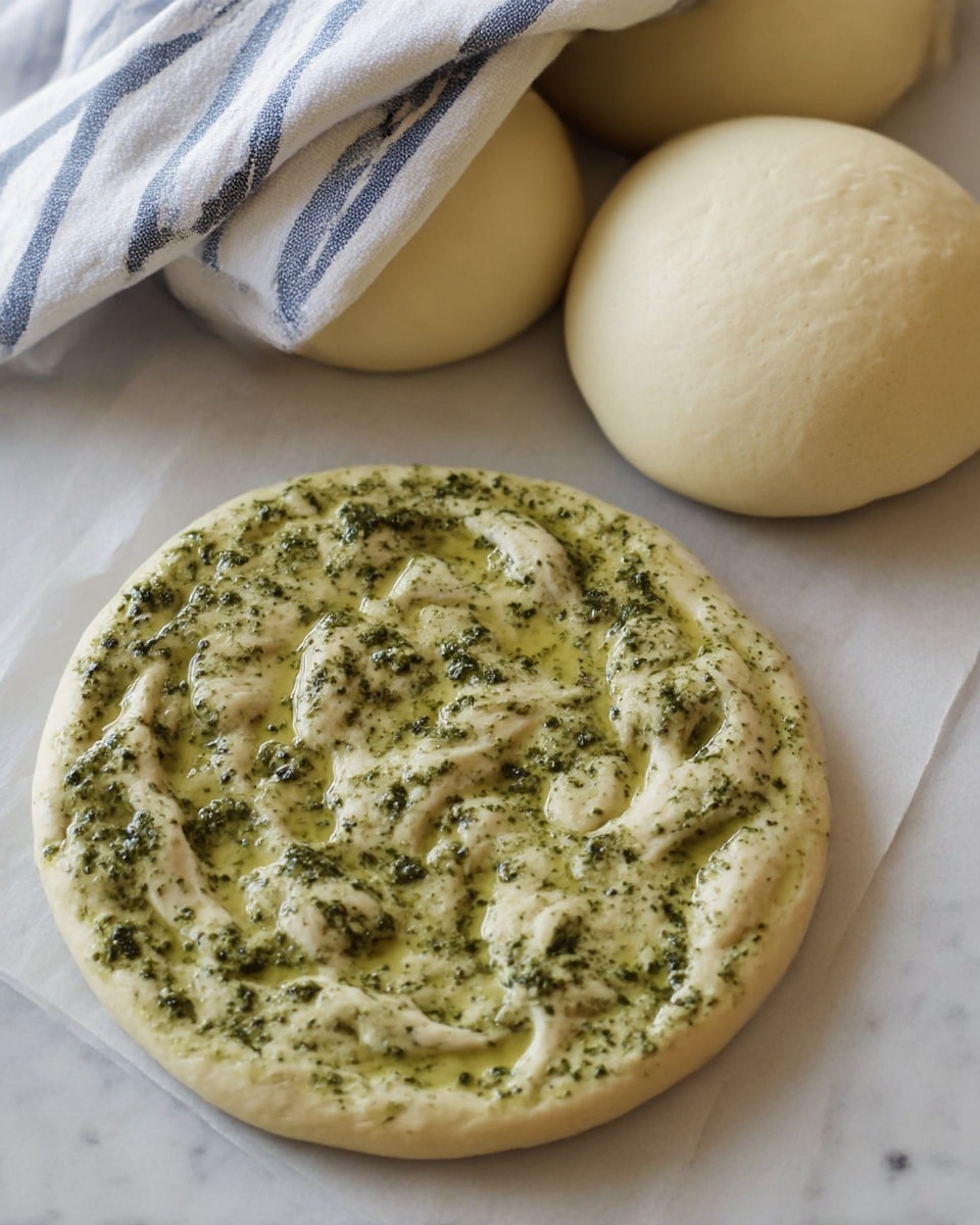 A thick, round flatbread with a golden brown, slightly crispy surface spotted with darker brown patches, showing a soft and light beige dough underneath. The bread is cooking in a shiny metal pan, with coarse grains of salt sprinkled on top, and the edges of the bread are slightly raised and less browned. The pan covers most of the frame with a dark, smooth texture, and the background is a white marbled texture. photo taken with an iphone --ar 4:5 --v 7