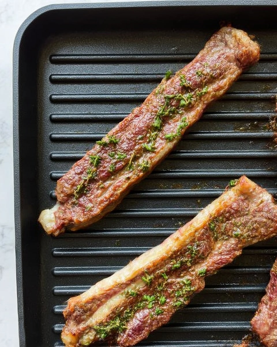 The image shows three strips of cooked meat on a black grill pan. The meat has a brown, crispy surface with some green herbs sprinkled on top, giving a fresh contrast. Each strip has a textured, grilled look with visible fat running along the edges. The grill pan has parallel ridges that create grill marks on the meat. The background below the pan is a white marbled texture. Photo taken with an iphone --ar 4:5 --v 7