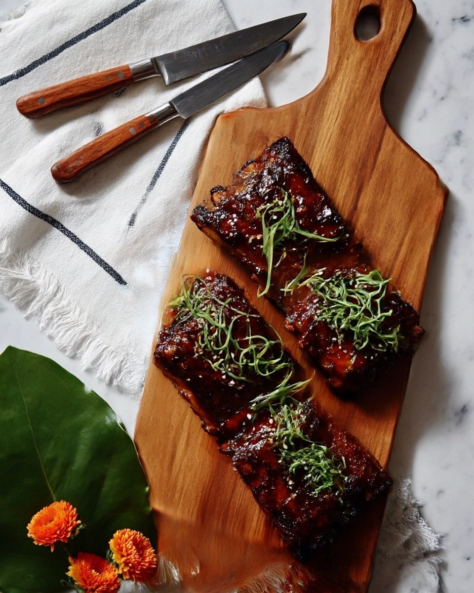 Three grilled beef ribs with visible dark grill marks are arranged closely on a light wooden board. Each rib features a brown crust with a slightly charred look and some white sesame seeds sprinkled on top. Bright green thinly sliced scallions are placed on each rib, adding a fresh contrast. The wooden board rests on a white marbled surface, and in the background, a woman's hand holding a blue and white checkered cloth is partly visible. photo taken with an iphone --ar 4:5 --v 7