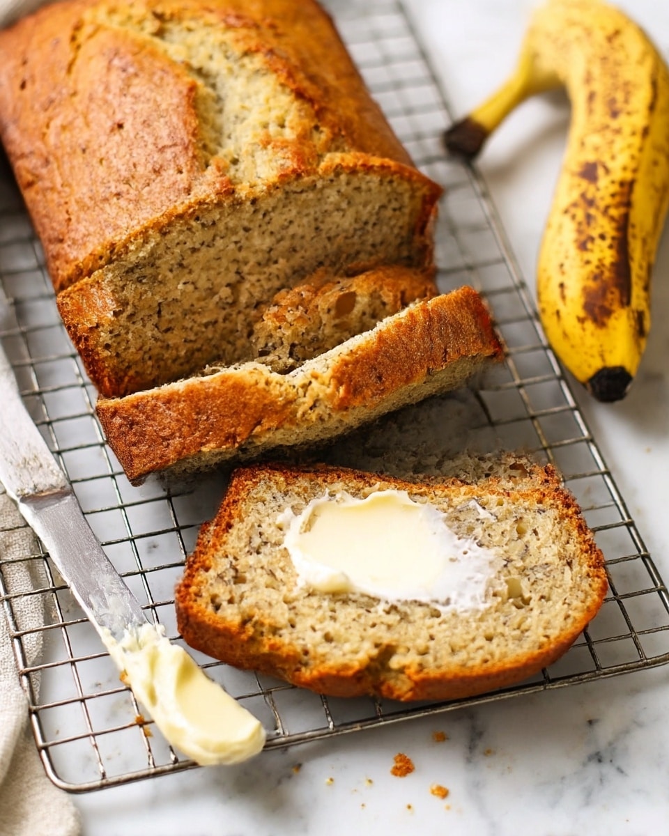 A loaf of banana bread is sliced into seven pieces and placed on a cooling rack over a white marbled surface. The top slice is separated and spread with a creamy layer of butter that is slightly melting into the bread's soft and moist texture. To the left, a bunch of ripe yellow bananas with brown spots rests on the rack. On the right side of the image, a white dish contains two thick square pats of butter, and a butter knife with some butter on its blade lies nearby. The bread has a golden-brown crust with a slightly cracked top that shows its dense, moist interior. Photo taken with an iphone --ar 4:5 --v 7