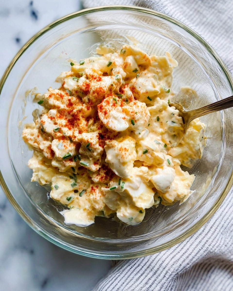A close-up image of a white bowl filled with creamy egg salad, showing about three layers: chopped boiled egg pieces mixed with mayonnaise and mustard creating a pale yellow base, chopped small pieces of red onion visible throughout, and finely chopped green chives sprinkled over the top along with a dusting of black pepper and paprika. A silver spoon leans inside the bowl on the right side. The bowl sits on a white marbled surface. photo taken with an iphone --ar 4:5 --v 7