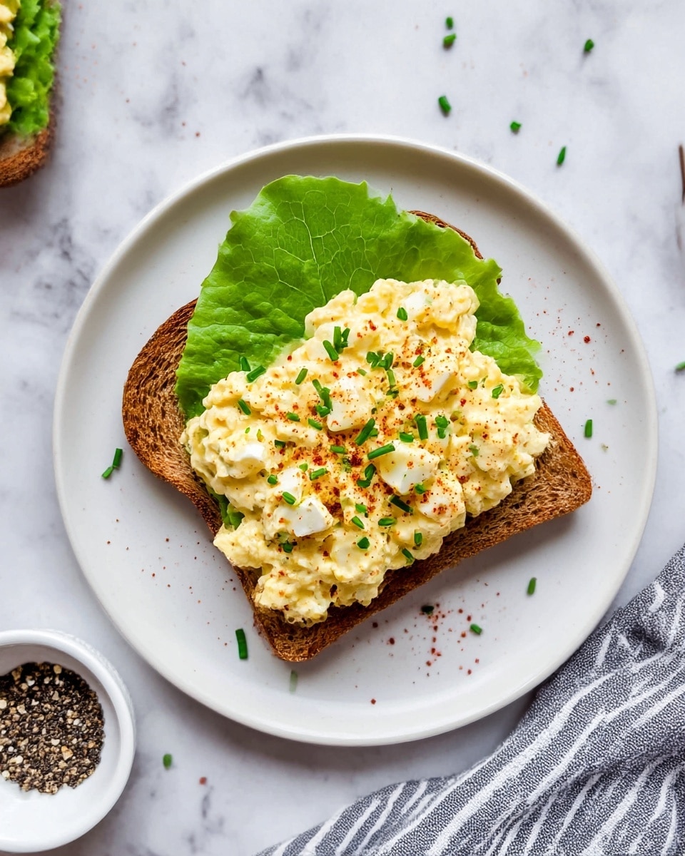 A white plate on a white marbled surface holds a single slice of toasted brown bread topped with a fresh green leaf of lettuce, which is covered by a generous layer of creamy yellow egg salad mixed with small white pieces. The egg salad is sprinkled with finely chopped green chives and a light dusting of red paprika and black pepper. A small white bowl with coarse black pepper and a striped gray and white cloth are partially visible nearby. Photo taken with an iphone --ar 4:5 --v 7