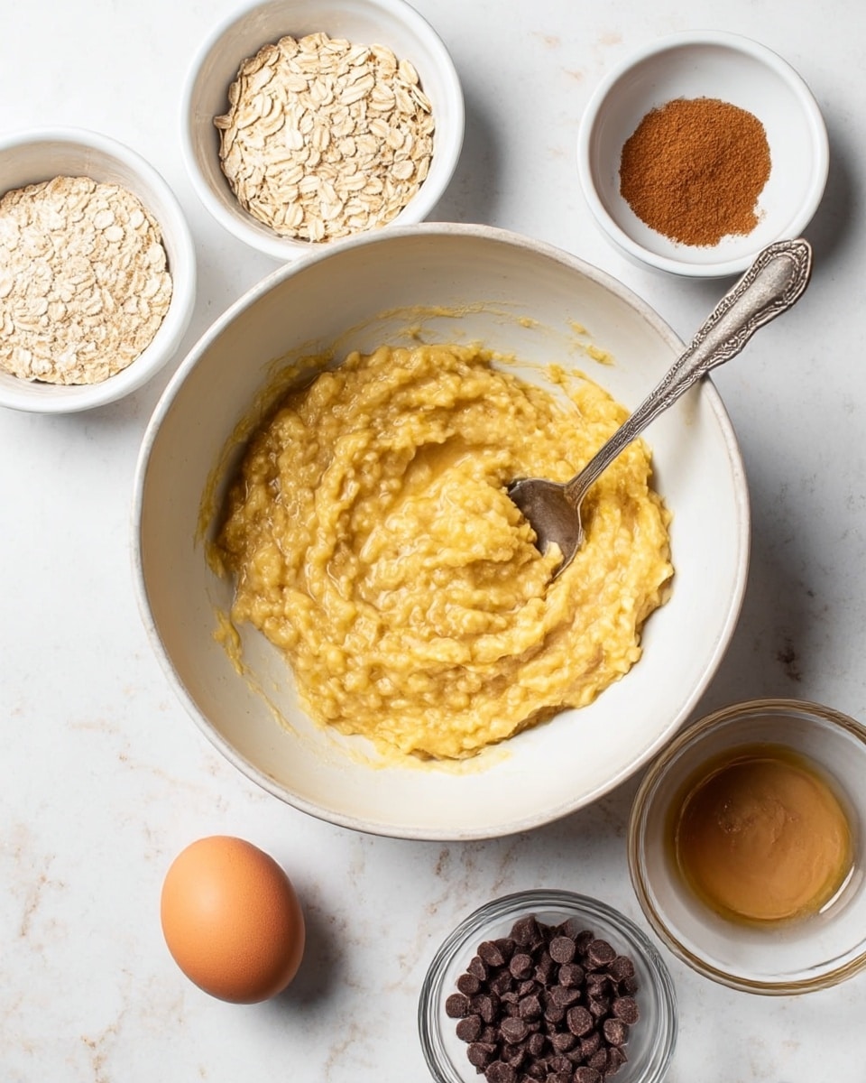 A large white bowl in the center holds mashed yellow banana with a silver fork resting inside. Surrounding the bowl are smaller white bowls with different ingredients: light beige oats in the top left, brown cinnamon powder in the top right, creamy light brown nut butter in the bottom right, and light amber liquid, likely vanilla or syrup, in a smaller bowl near the bottom right. There is a raw brown egg and a small clear bowl with dark brown chocolate chips placed on the white marbled surface around the bowl. Photo taken with an iphone --ar 4:5 --v 7