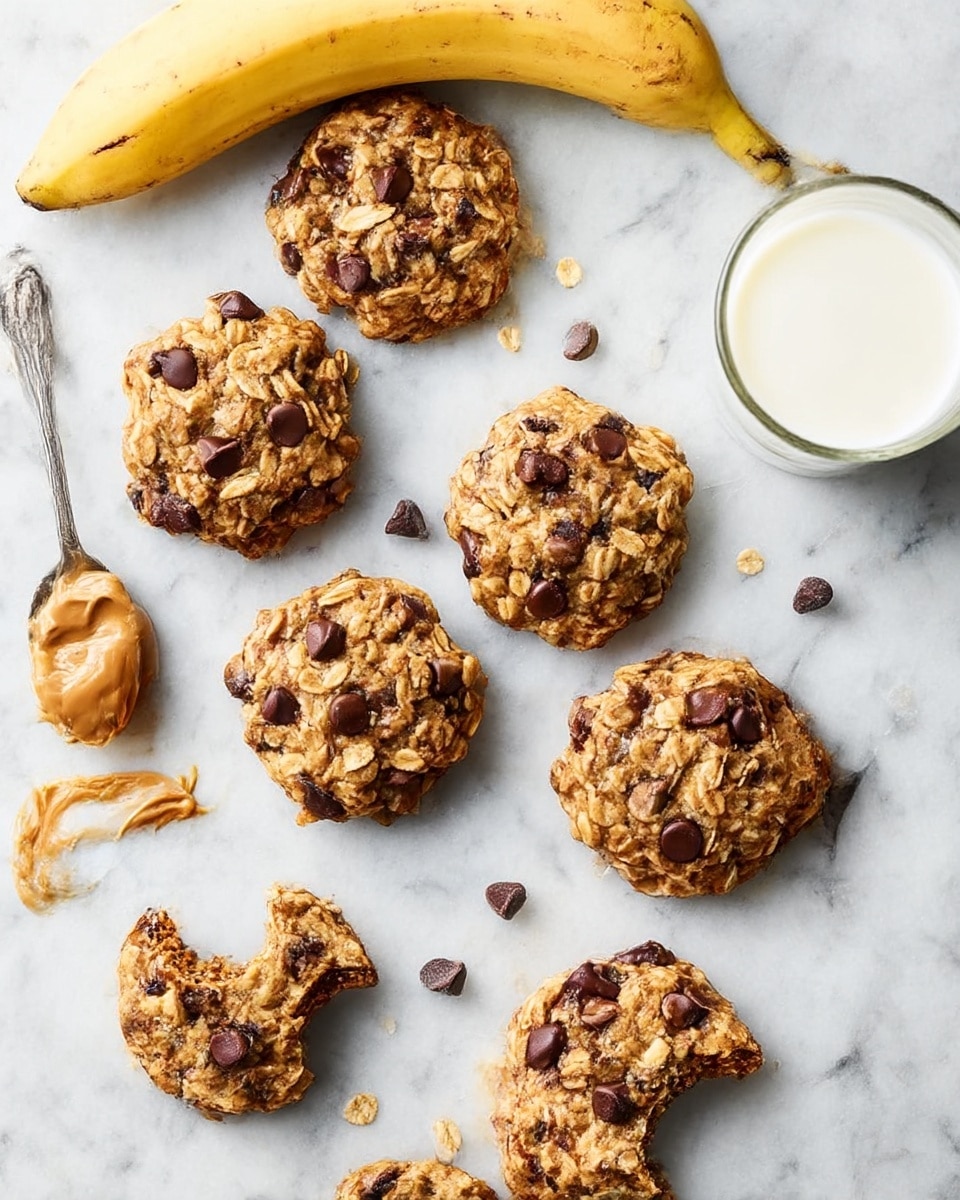 The image shows a close-up view of a single oatmeal cookie with dark chocolate chips visible within its rough, textured surface. The cookie has two main layers made of golden-brown oats and chunks of melted dark chocolate. It rests on a white marbled surface, with a small amount of sticky syrup and scattered oats around it. In the blurred background, there is another cookie, showing the same oatmeal and chocolate texture. The lighting highlights the crunchy, uneven texture of the cookie's edges and the soft melted chocolate in the center. Photo taken with an iphone --ar 4:5 --v 7