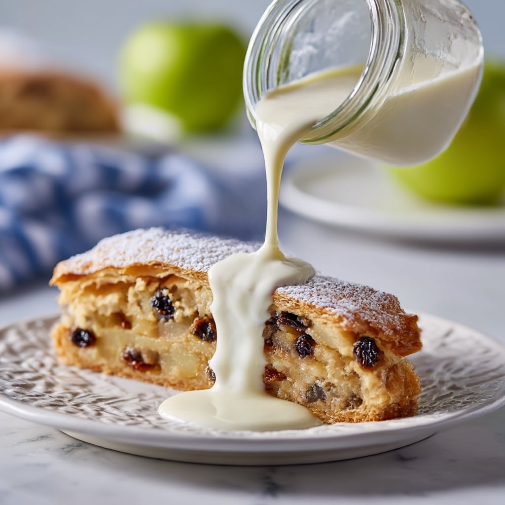The image shows a close-up view of two slices of a rolled pastry on a white plate with a textured pattern. Each slice has about four layers: the outer layer is a thin, pale golden crust dusted with white powdered sugar, the next layer is a soft creamy light beige dough, followed by a mix of light brown and beige filling with small dark brown spots that look like raisins or spices, and the innermost layer is a folded dough streaked with the filling. The pastry looks soft inside with a gentle crunchy outer crust. The background features a white marbled texture with a blurred green apple and a blue and white checkered cloth in the distance. photo taken with an iphone --ar 4:5 --v 7