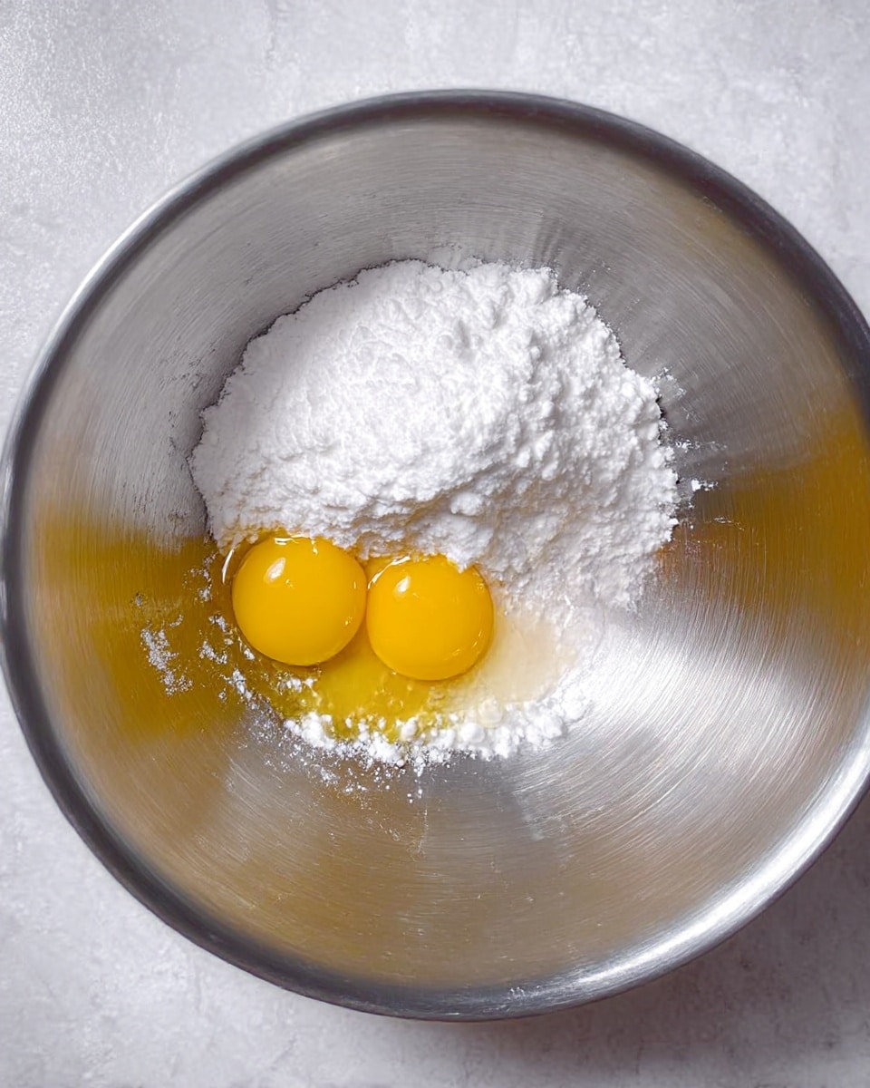 A shiny silver metal bowl is placed on a white marbled surface. Inside the bowl, there are two bright yellow egg yolks near the bottom left part, surrounded by bright white powdered sugar heaped above and around them. The bowl’s smooth and reflective texture shows some soft reflections around the edges. The photo has a close-up view focusing on the ingredients in the center. Photo taken with an iphone --ar 4:5 --v 7