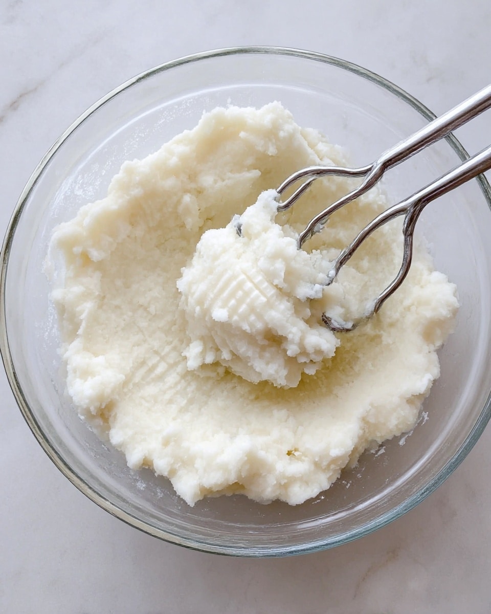 A clear glass bowl filled with white mashed potatoes that look smooth but slightly chunky, showing a soft and fluffy texture. A silver metal masher with curved edges is pressed into the potato, lifting some mashed potato bits, creating texture marks on the surface. The bowl sits on a white marbled surface, with the mashed potatoes centered and the masher placed diagonally across the bowl. photo taken with an iphone --ar 4:5 --v 7