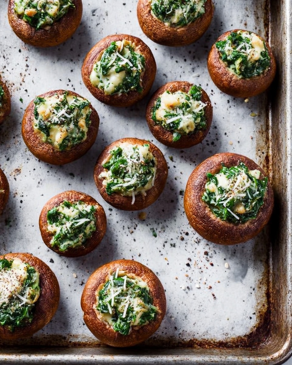 The image shows several whole brown mushrooms arranged on a metal baking tray with a speckled background, which is replaced by a white marbled texture. Each mushroom has a hollowed-out cap filled with a mixture of finely chopped green leafy vegetables and shredded white cheese, creating a textured and colorful contrast with the brown mushroom caps. The stuffing is neatly packed to fill each cap fully, with some mushrooms having a slightly larger amount of filling than others. The mushrooms vary in size, and the tray has a sprinkling of cracked black pepper adding small dark accents. The overall look is fresh and ready to bake or serve. photo taken with an iphone --ar 4:5 --v 7