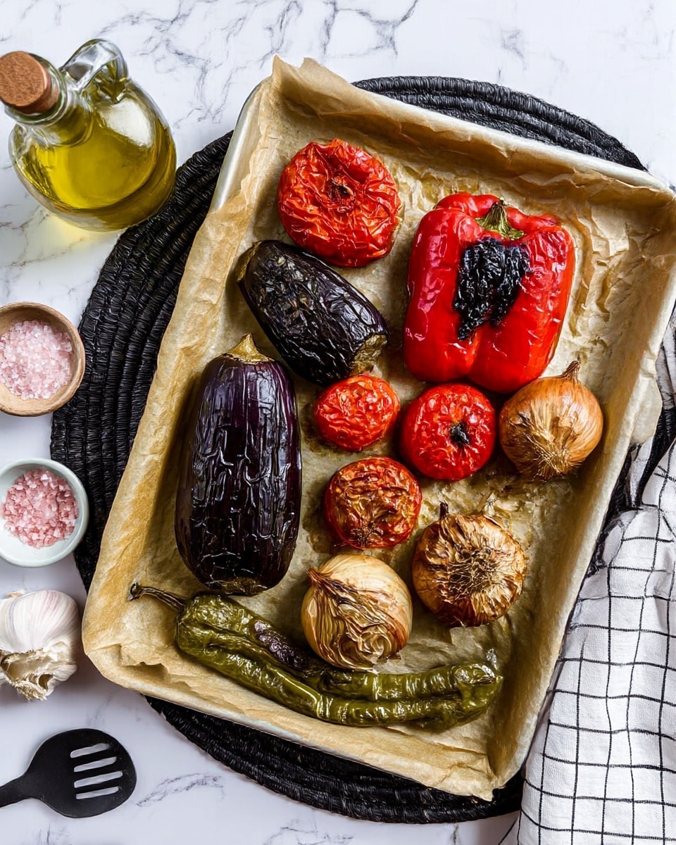 The image shows a tray lined with parchment paper filled with roasted vegetables. There are two dark purple eggplants on the left side, three wrinkled red tomatoes scattered, two red bell pepper halves with blackened, charred skin near the top right, two brown roasted onions with dry skins in the center-right, and two long, roasted green peppers at the bottom. The tray rests on a black woven mat placed on a white marbled surface. On the left side of the frame, there is a glass bottle with olive oil, a few garlic cloves, a small bowl of pink salt, a black utensil, and a white cloth with a black grid pattern. The light shows the textures of the roasted vegetables clearly. Photo taken with an iphone --ar 4:5 --v 7
