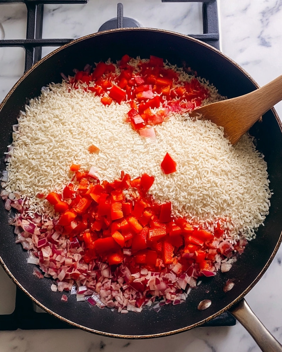 A large black pan on a stove holds a cooking mixture with three layers: the bottom layer is a spread of finely chopped red onions with a slightly translucent texture; the middle layer is bright red bell pepper pieces, roughly chopped; the top layer is a heap of uncooked white rice grains scattered over the vegetables. A wooden spoon rests on the right side of the pan, partially mixing the ingredients. The background is a white marbled texture. photo taken with an iphone --ar 4:5 --v 7