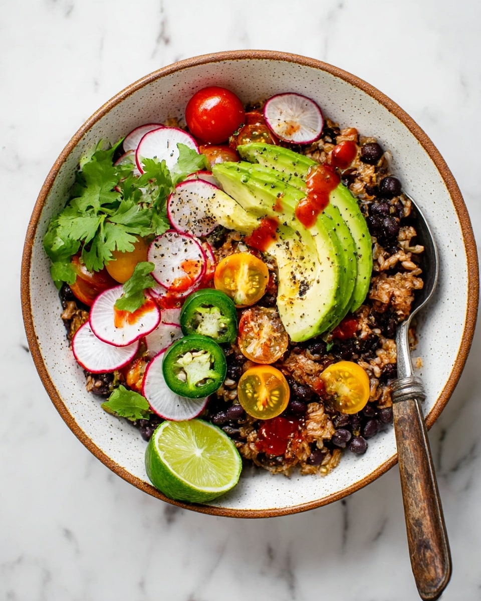 In a black pot, there is a colorful mix of cooked rice, black beans, chopped red peppers, and melted cheese all combined together as the bottom layer, creating a soft and textured look. On the right side, thin slices of bright green avocado are arranged neatly in a row, sprinkled with black pepper. Fresh green cilantro leaves and green onion slices cover parts of the rice layer and lay around the avocado, adding a fresh touch. A wooden spoon is scooping a portion from the pot. The pot is resting on a white marbled surface with a blue and white striped cloth, and an avocado half and whole red tomatoes sit nearby. Photo taken with an iphone --ar 4:5 --v 7