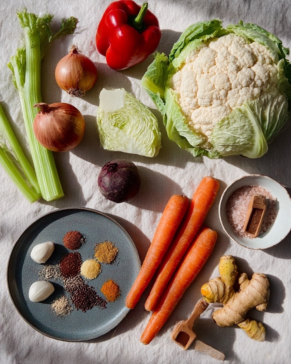 The image shows a variety of fresh vegetables and spices laid out on a light beige cloth with a subtle texture. At the top right, there is a whole head of white cauliflower with green leaves. Below it, a wedge of green cabbage is placed, showing its layered leaves inside. To the top left, there is a red bell pepper next to fresh green celery stalks. Near the center are a whole shallot with a reddish skin, a small round dark beet, and a peeled brown onion with some skin still on. A group of four orange carrots lies horizontally near the bottom, with a piece of light brown ginger and a small turmeric root nearby. Four garlic cloves are scattered near the garlic. On the bottom left, a small dark gray round plate holds an assortment of various seeds and spices in small piles. To the right of the carrots, a small white bowl contains a pinkish gray salt mix with a tiny wooden scoop. The scene has natural lighting casting soft shadows, giving a fresh and earthy feel. Photo taken with an iphone --ar 4:5 --v 7